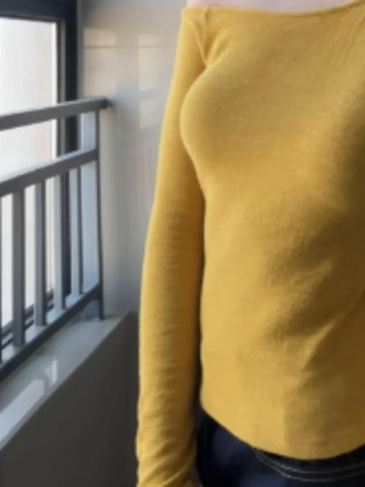 

Y2k Knitted Woman Skew Collar Tshirt Korean Long Sleeve Vintage Tunic Tees 2025 Ropa Mujer Temperament Solid Color Bodycon Tops