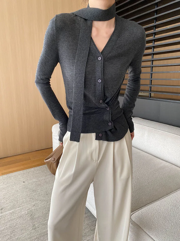 [EAM] Gray Ribbon Elegant Irregular Knitting Cardigan Sweater V-Neck Long Sleeve Women New Fashion Spring Autumn 2024 1DH6855