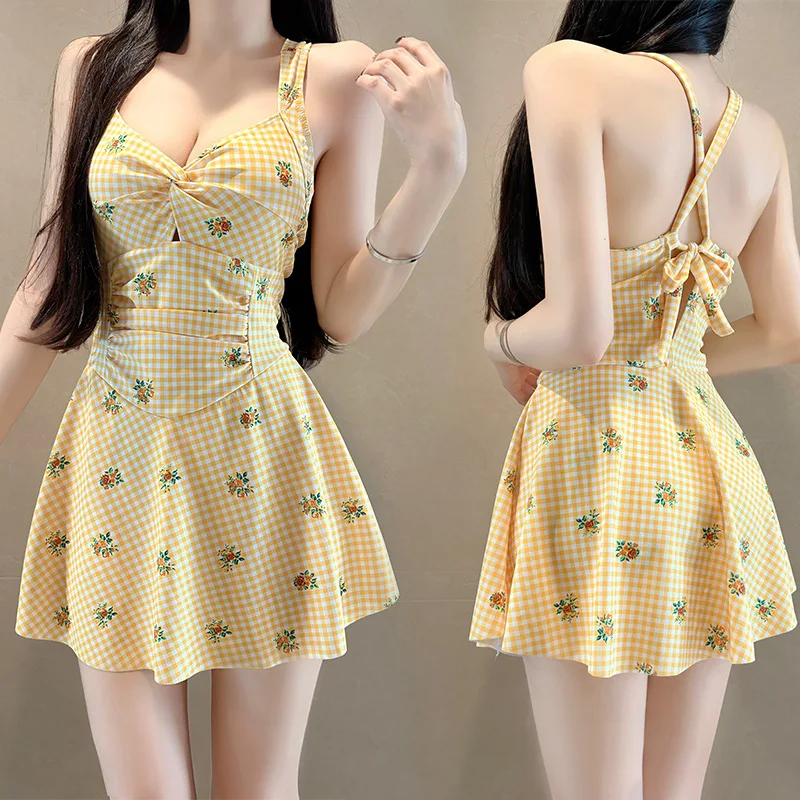 Sexy moda coreana flor impressão volta gravata maiôs uma peça enrugada nó mini vestido culottes biquíni acolchoado roupa de banho tankini