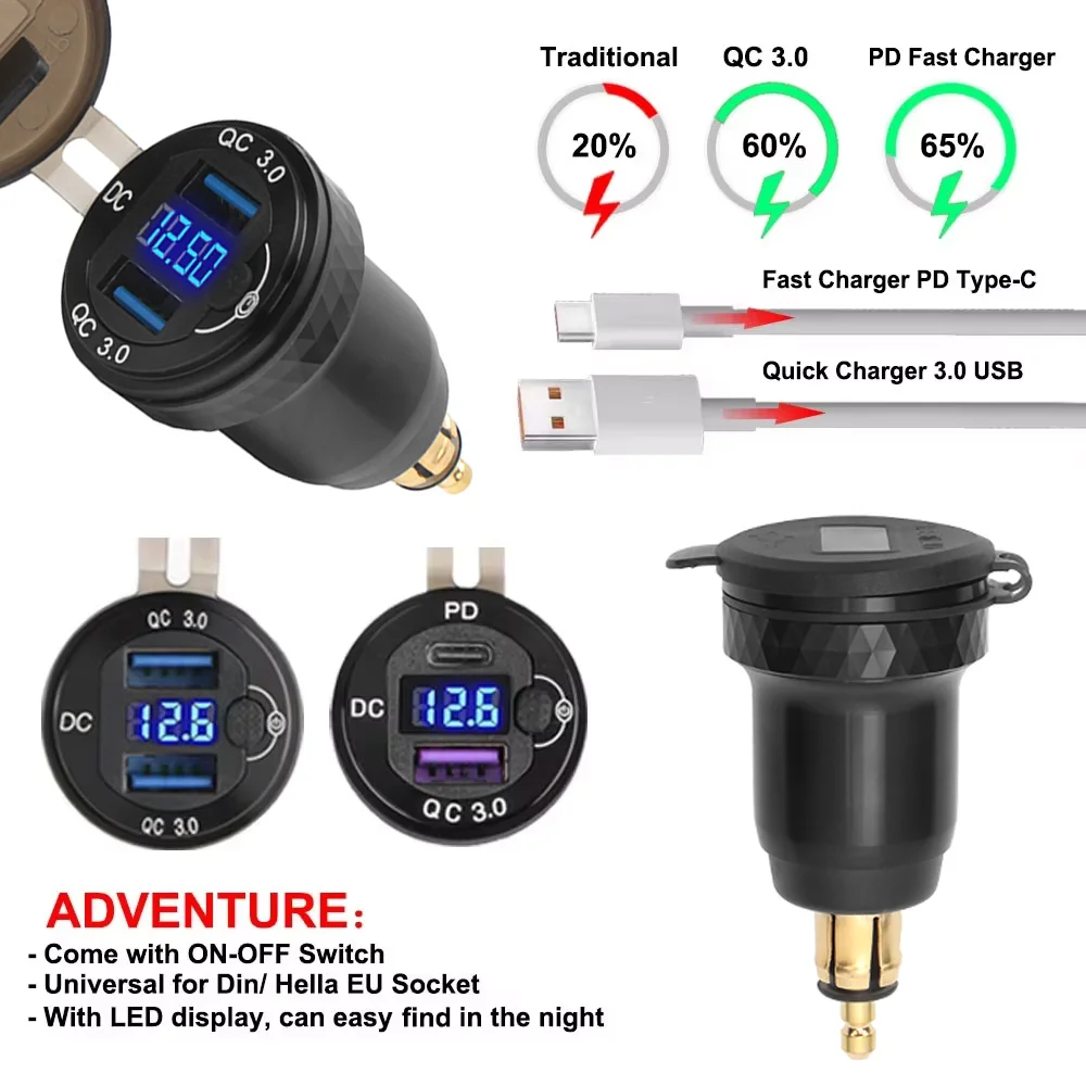 Dual USB Charger Adapter 12V QC3.0 Type-C PD DIN Hella LED Display For BMW F800GS R1300GS R1200GS For Ducati For tiger 900 850