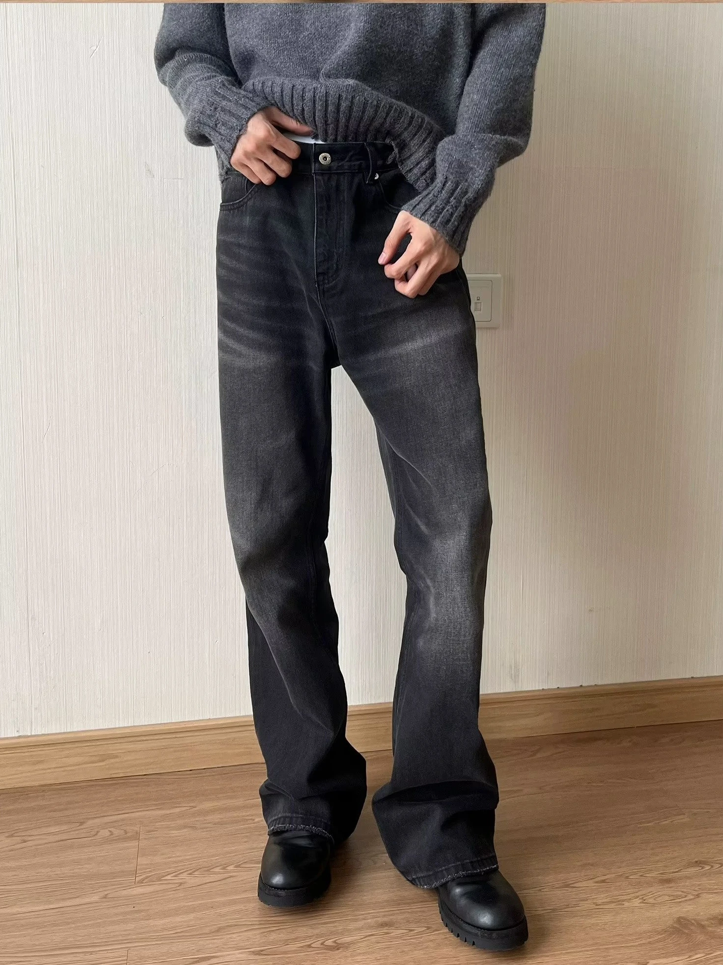 

Hand Waed American Cleanfit ey Jeans Men's Vintage High Street Faded Micro Flared Long Pants Retro Sle Youth Faion