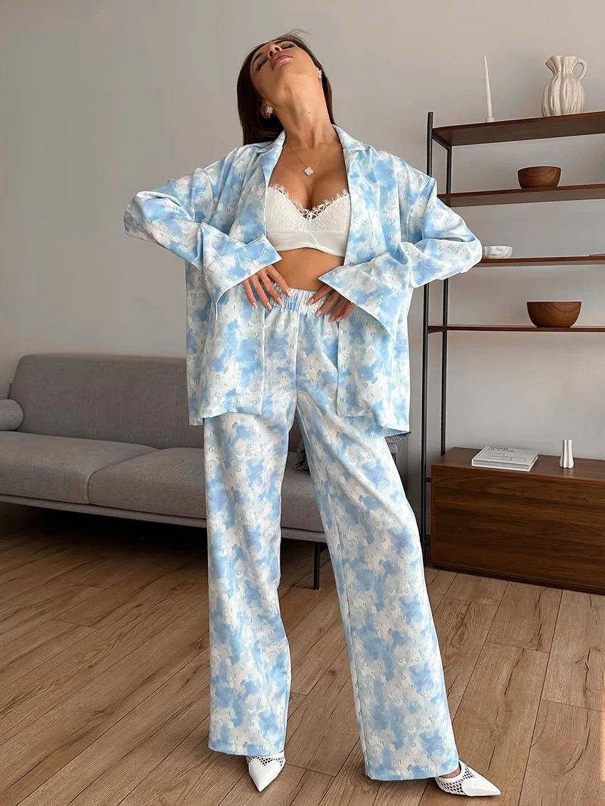 

Marthaqiqi Printing Ladies Pajamas Suit Sexy Turn-Down Collar Sleepwear Long Sleeve Nightwear Pants Autumn Female Nightgowns Set