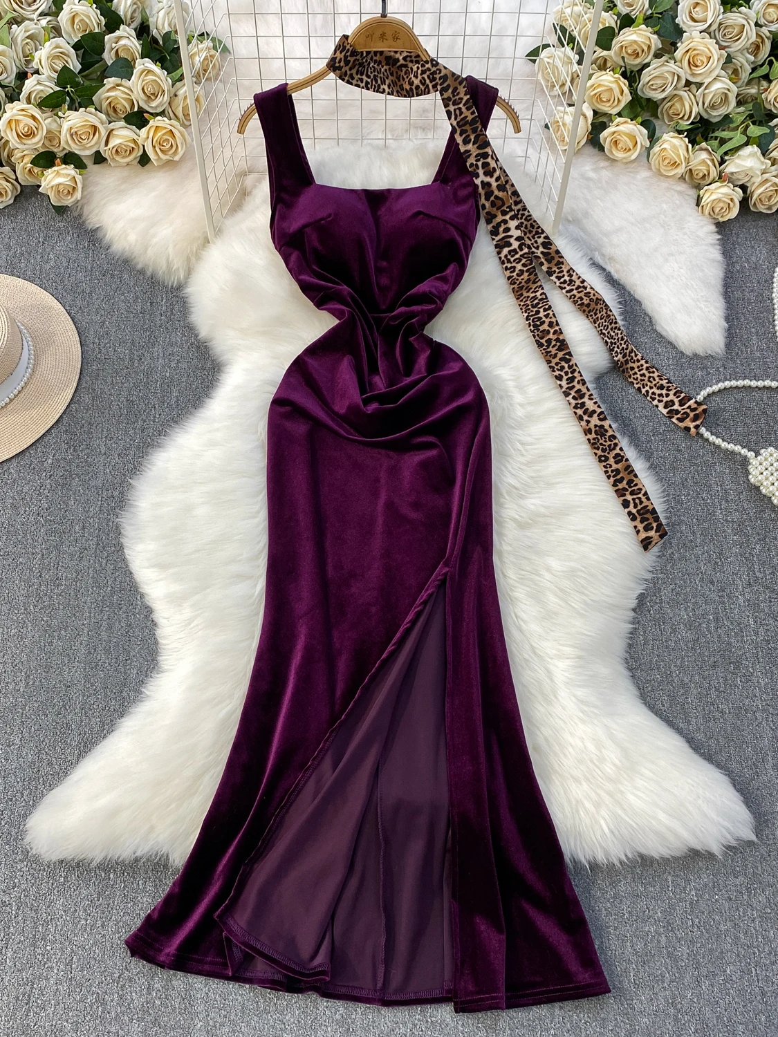 Hebe Sle Fluwelen Lange Dr met Borstkussen Vierkante Kraag Zijsplit Hoge Taille A-lijn Rok Ele Ladylike Herfst Winter Dr