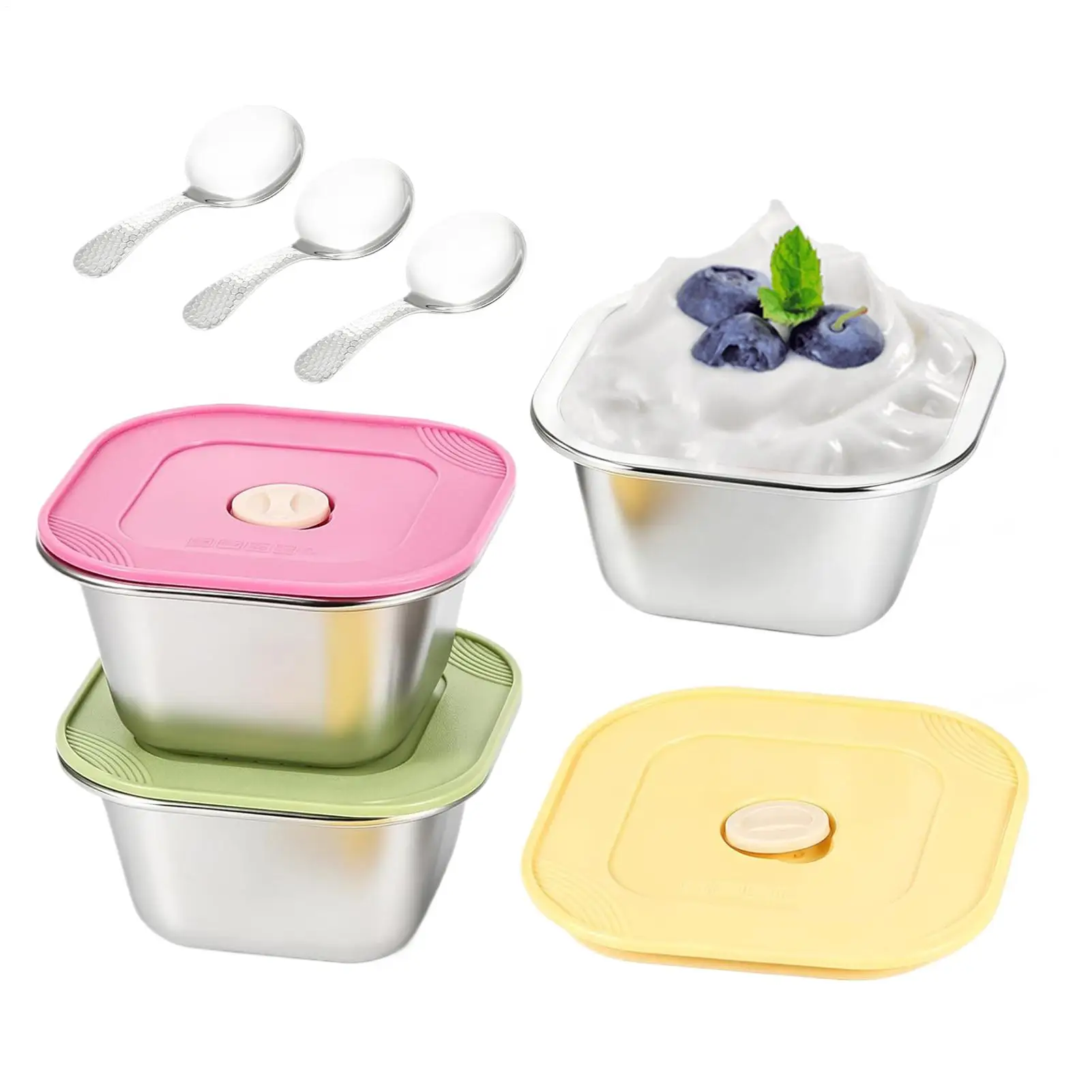 3 Pieces Ice Cream Containers Food-grade Airtight Cups With Silicone Lid And Spoon 400ml Ice Cream Pint Containers For Freezing