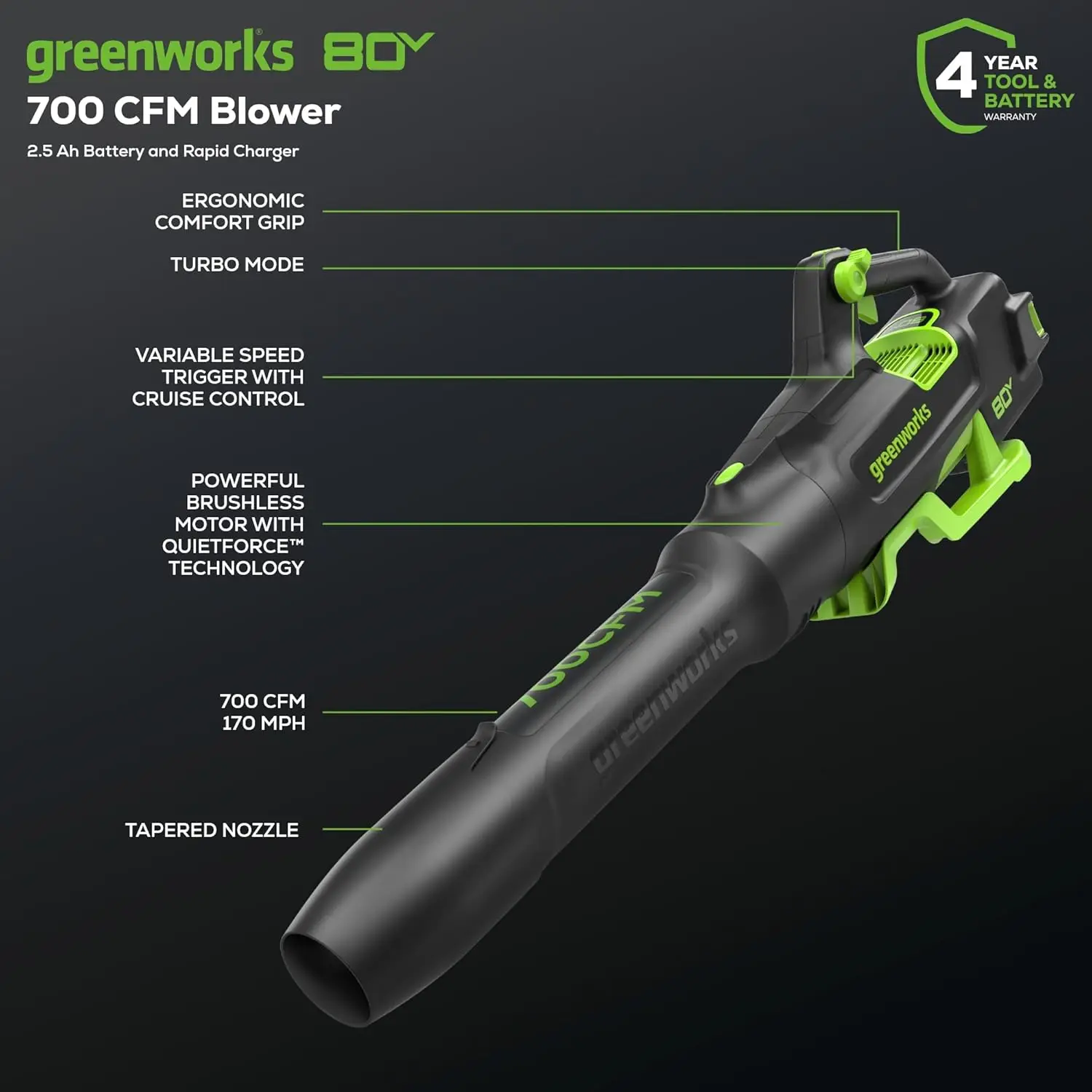 Greenworks 80V 700 Cordless Leaf Blower, 2.5Ah Battery and 45 Minute Rapid Charger