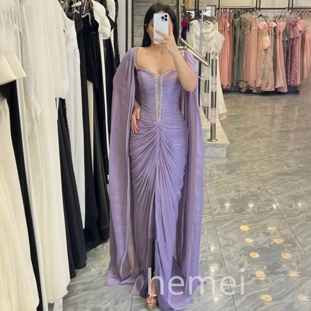 لافندر أنيقة مخصصة بلورات فساتين لحضور الحفلات الموسيقية غمد الطابق طول الشيفون رداء حفلات السهرة فساتين Sheer