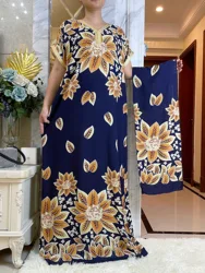 New African Summer Abaya Clothes For Women Floral Printing Dashiki Short Sleeve Casual Robe Headscarf Maxi Long Dress Vestid0s