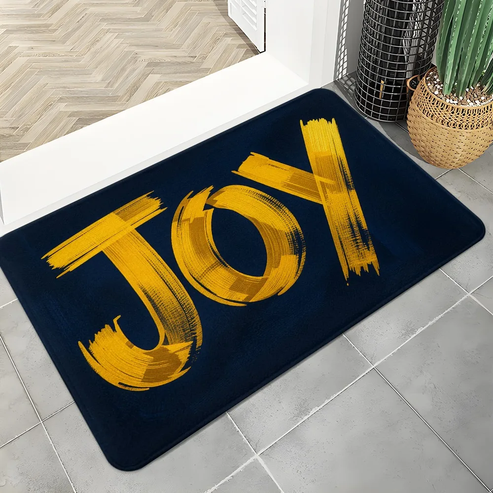 Bold JOY Typography Door Mat, Gold Brushstroke Lettering on Navy Blue Background, Polyester Non-Slip Rug for Entryway, Living