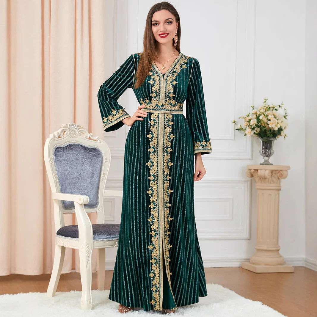 3271 women's downstream long sleeved slit autumn and winter women's clothing outfit with Arabic velvet dress