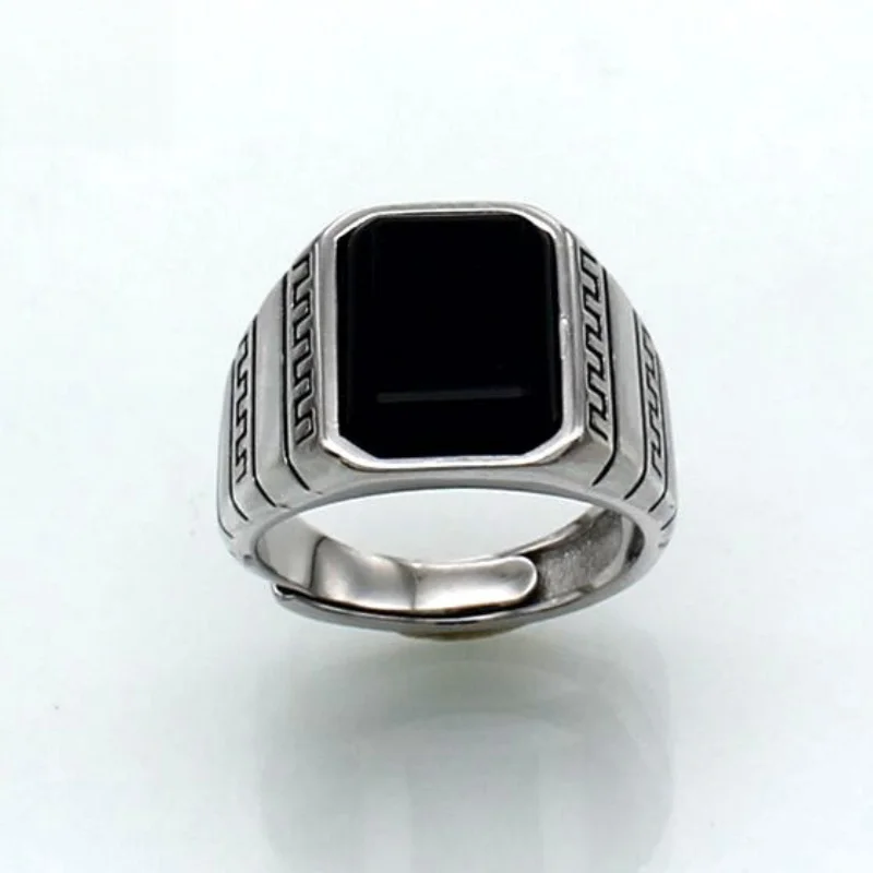 S925 Sterling Silver Charms Rings for Men Women Retro Striped Pattern Inlaid Black Agate New Fashion Punk Jewelry Wholesale