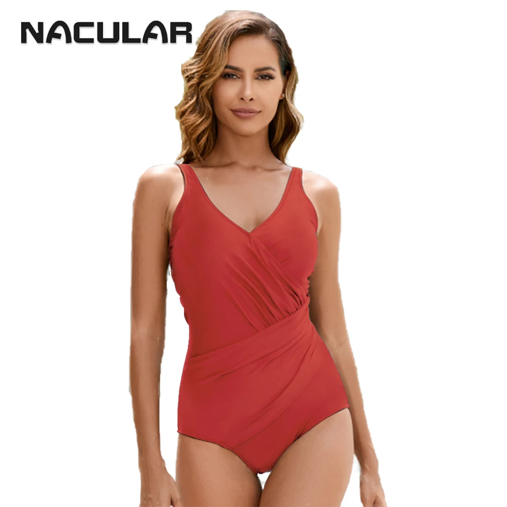 NACULAR Swimsuit Women One Piece Solid Monokini Push Up Swim Suit Bathing Suit Swimwear Beach 2024 New Shirring Beach V-neck