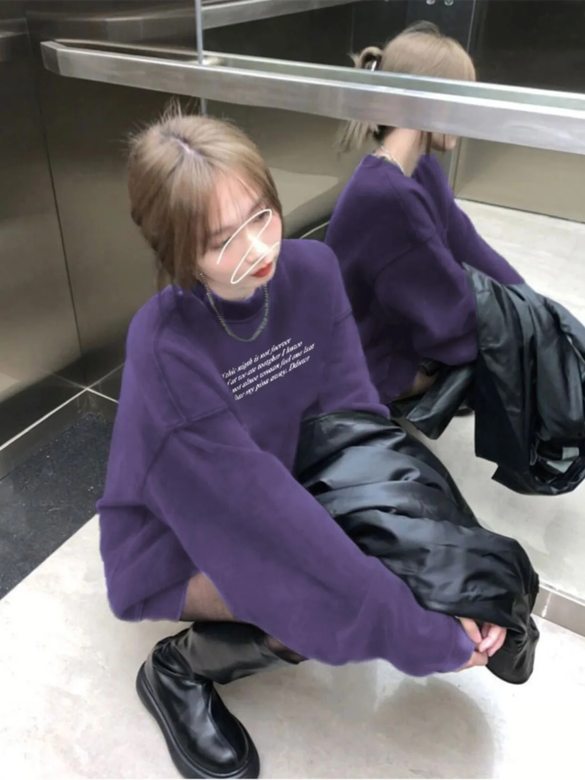 Autumn Purple Women  Vintage Street Sweatshirt Y2K Stripe Letter Printing Pullover Long Sleeves Warm Oversize Ladies Tops