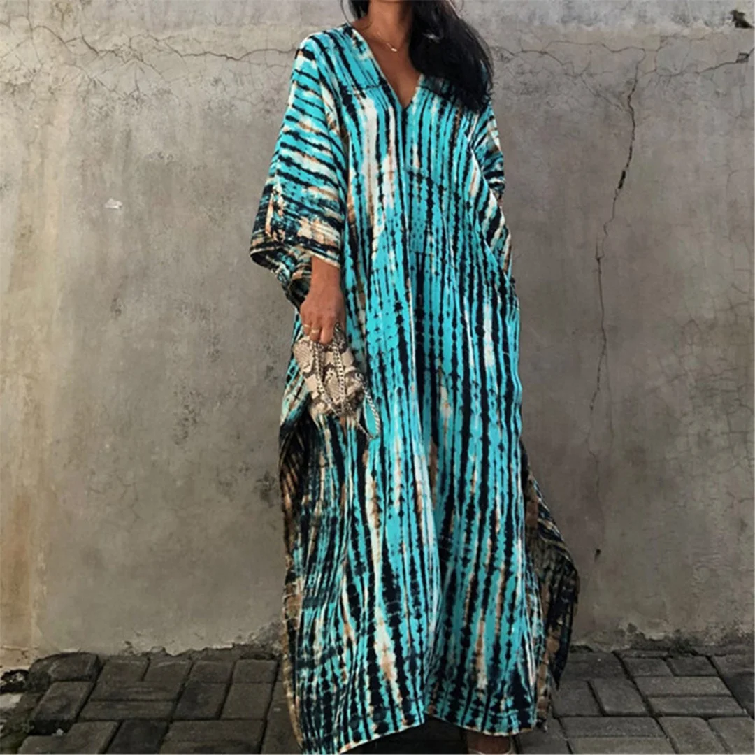 30 Farben, V-Ausschnitt, bedrucktes, farbenfrohes Batik-Tunika-Strandkleid, Strandkleid, Strandmode, Damen, V4477 – Detail 10