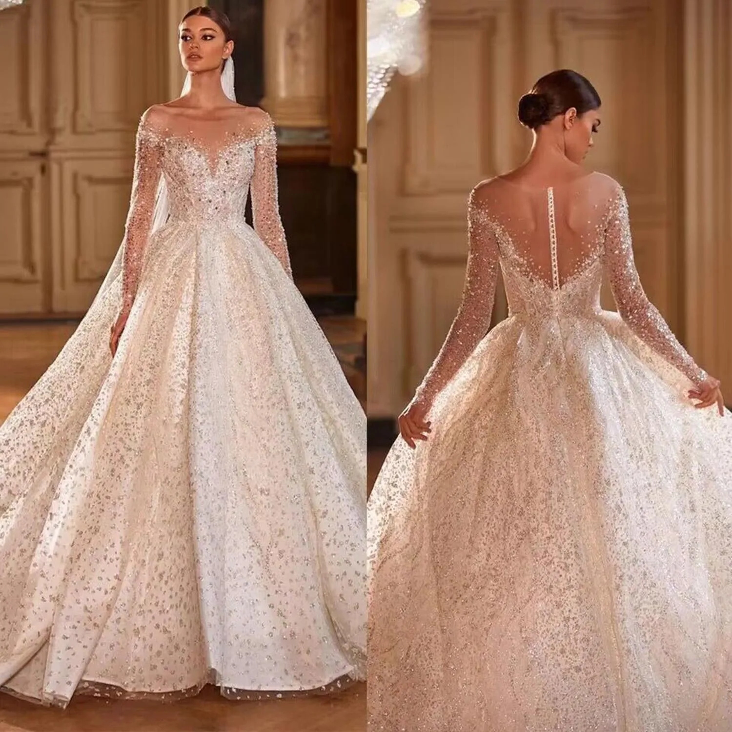 Vestidos De Novia Crystal Beading Shining Ball Gown Wedding Dresses with Long Sleeve Illusion Back Vintage Robe Mariage