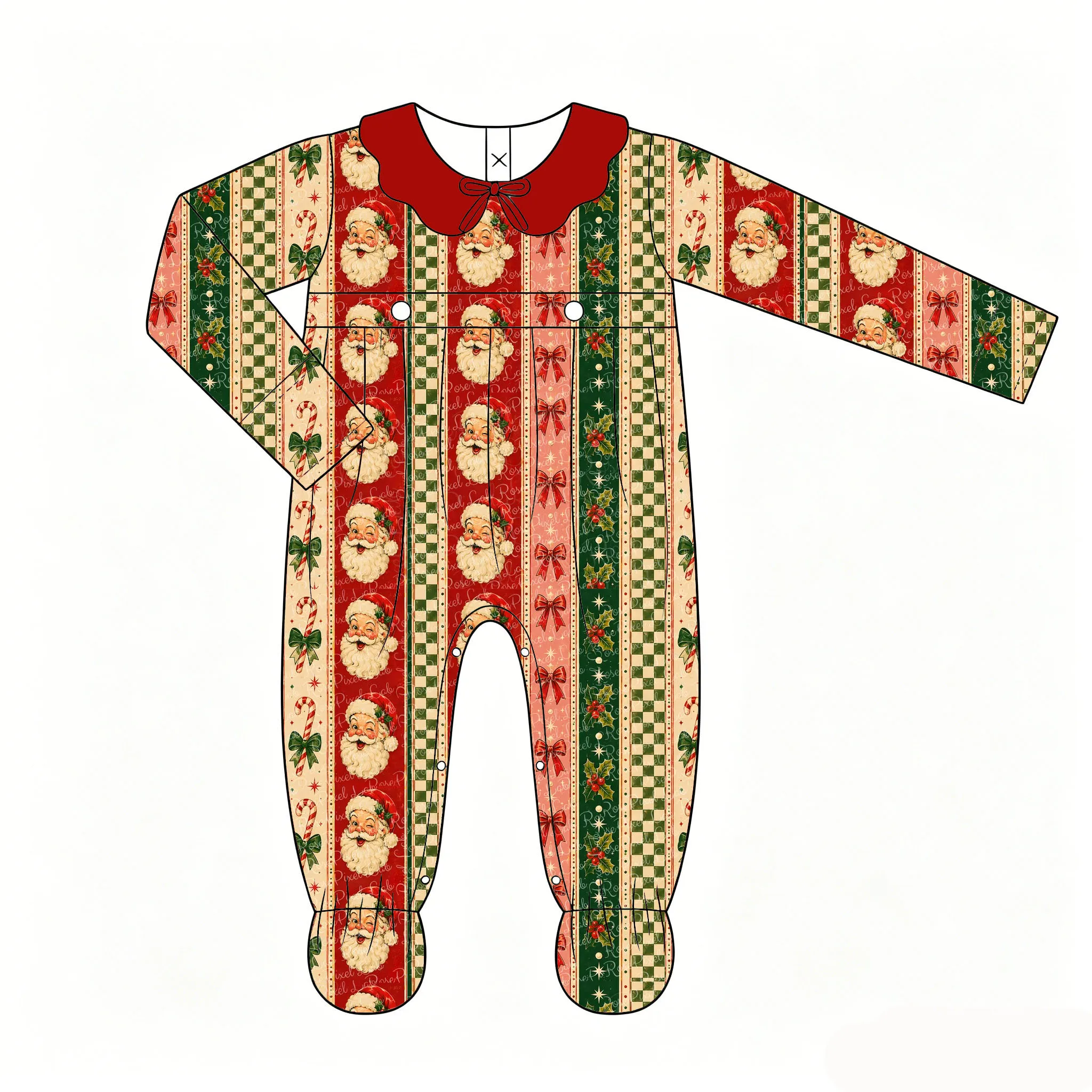 Boutique Long Jumpsuit with Lapel and Bow Decoration Christmas Santa Claus Bow Print Wholesale
