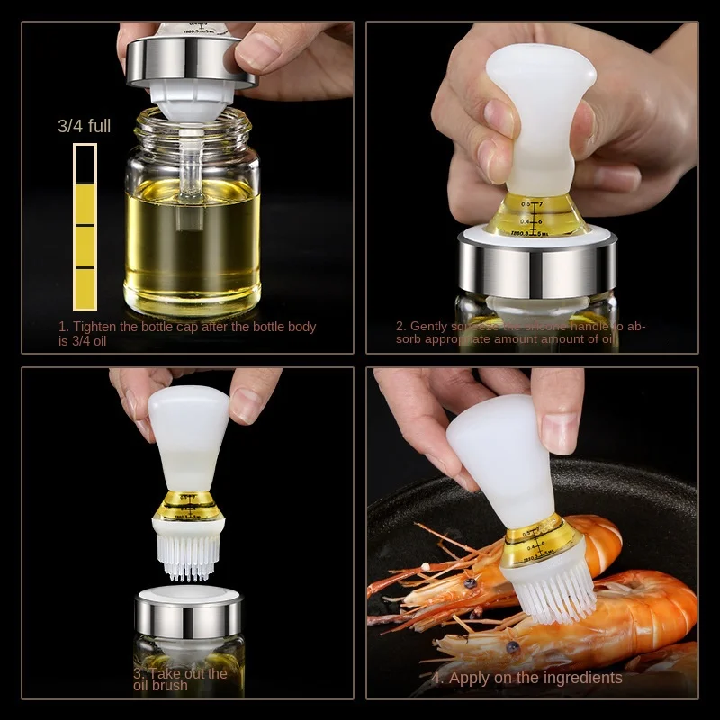 BBQ brush with bottle, kitchen baking extrusion quantitative oil bottle, oil brush integrated portable non-leakage brush bottle