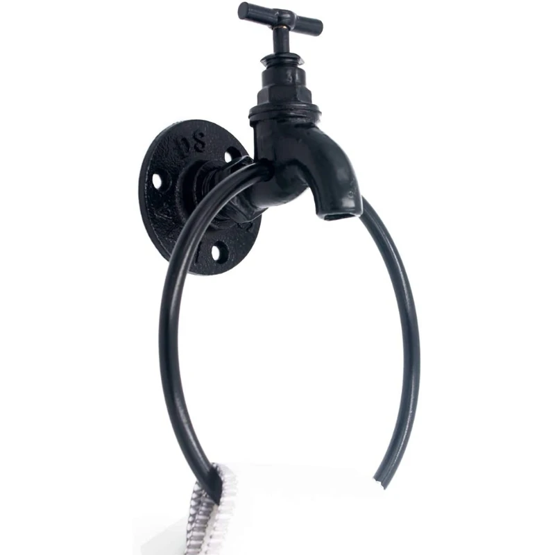 for Creative Wall-Mounted Towel Ring Rustic Industrial Faucet Design Black Metal Hand Towel Rack for Bathroom Decoration