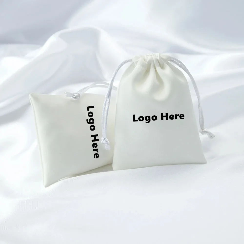 100pcs Custom Logo Name White Silk Jewelry Small Gift Bags Satin Drawstring Packaging Pouch Wedding Favors For Guests Candy Bag