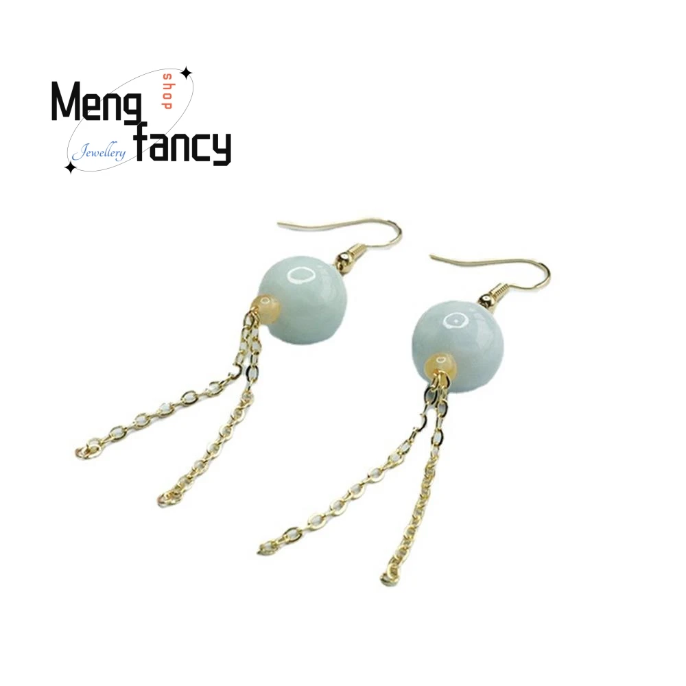 Natural A-goods Jadeite Jade Beads Tassel Ear Hooks Earrings Exquisite Elegant Simple High-grade Fashion Jewelry Holiday Gifts