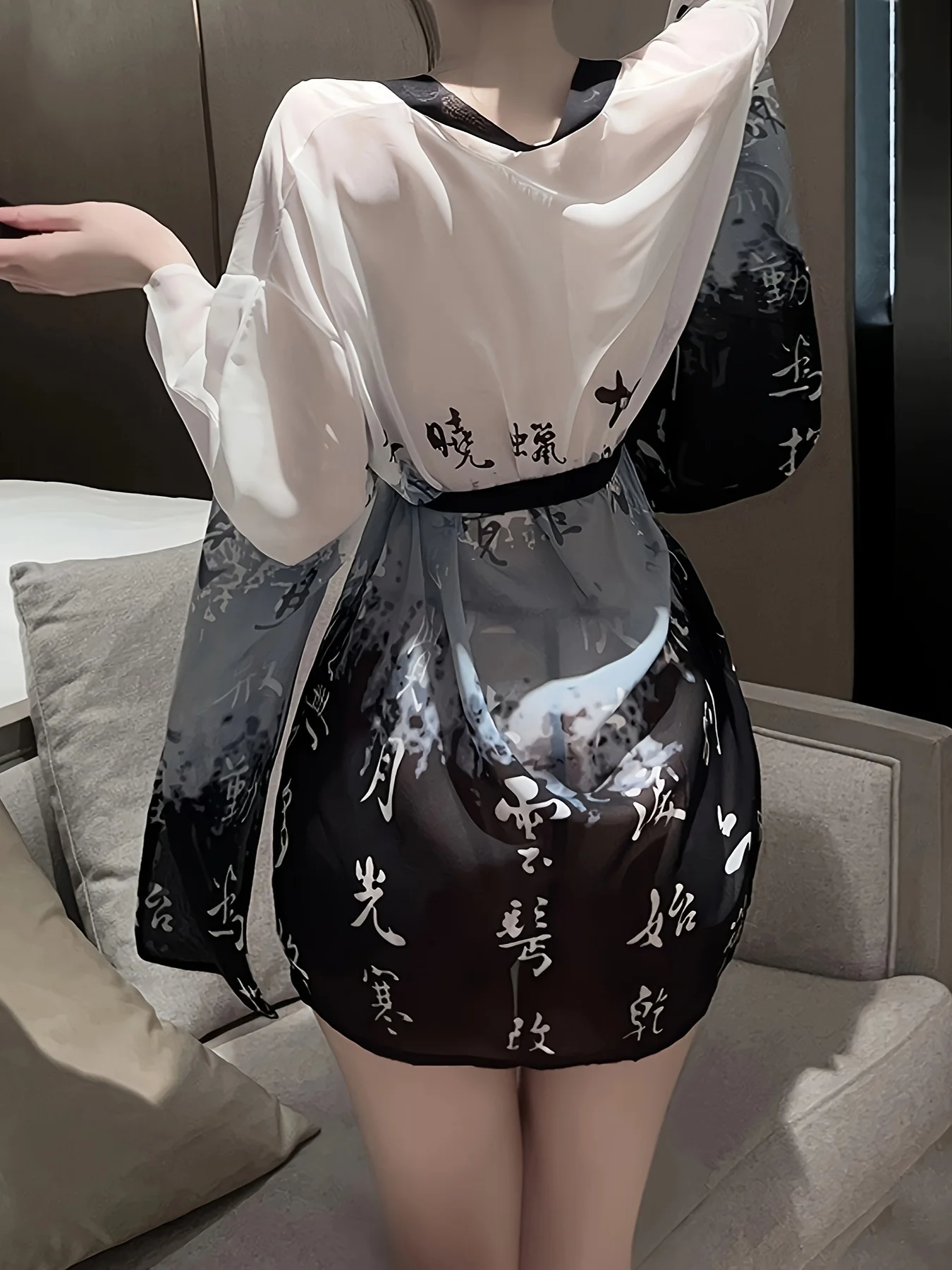 Japanese Kimono Women Sexy Lingerie Cosplay Pajamas See Through Mesh Nightgown Perspective Sleep Robe with Belt Nightwear