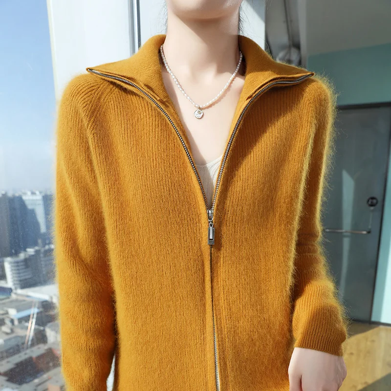 100% Mink Cashmere Sweater Women's Lapel Knit Cardigan Autumn and Winter Thick Coat Warm Long Sleeved Base Shirt Large Size Tops