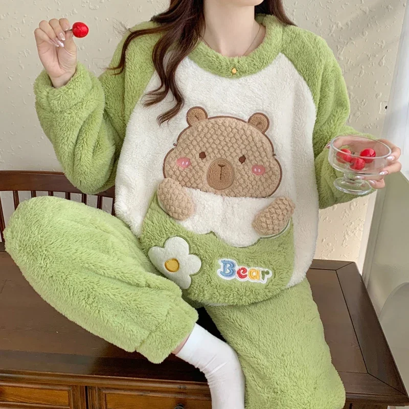 2024 Winter Long Sleeve Thick Warm Flannel Pajama Sets For Women Cute Cartoon Coral Velvet Sleepwear Pyjama Pijama Mujer Clothes