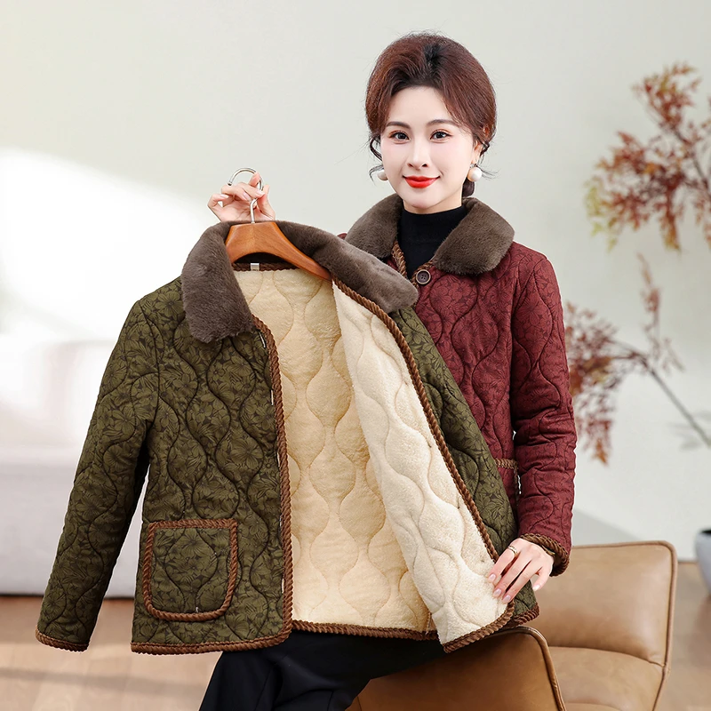 

Flip Collar Warm Cotton Tops 2025 Middle-aged And Elderly Women's Cardigan Wool Sweater Winter Mom Set Jacket Plus Size
