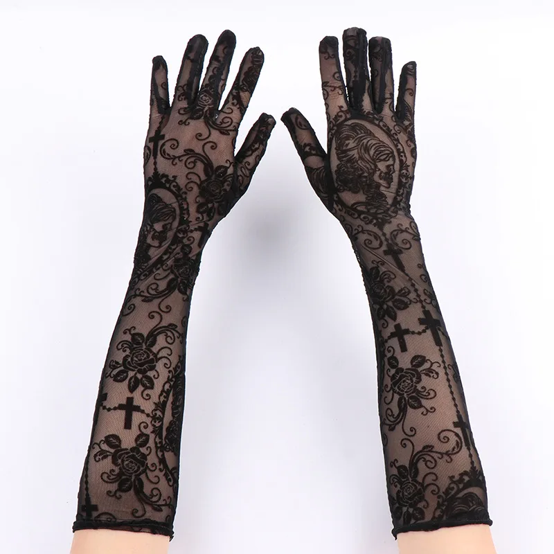 Black Skeleton Flowers Printing Women Sexy Mesh Transparent Elasticity Long Gloves Performance Halloween Cosplay Accessories