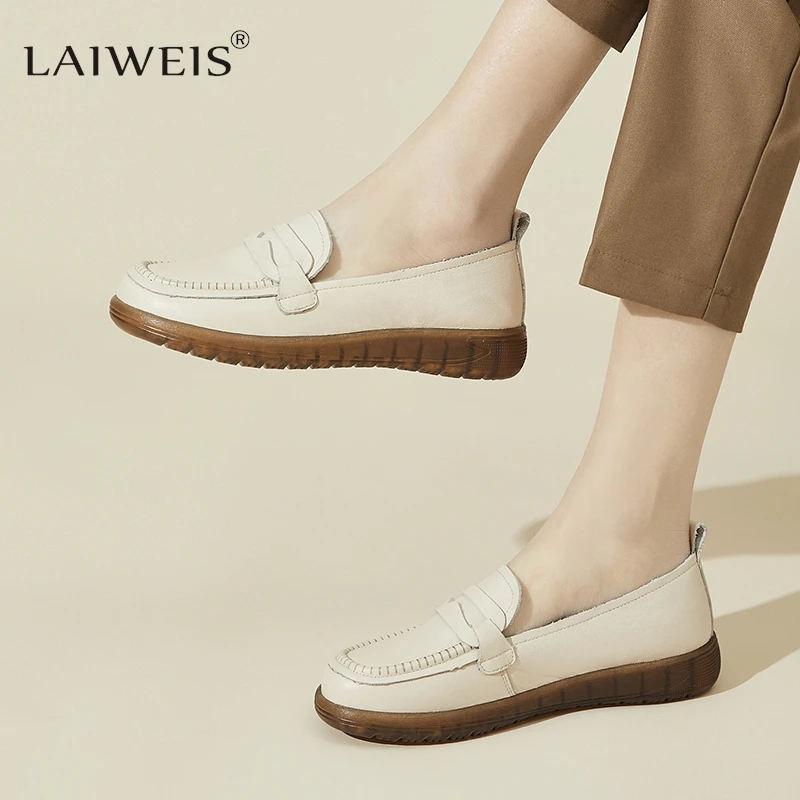 

Shoes For Women 2024 Summer Leather Slip On Beige Casual Walking Ladies Shoe Fashion Non-Slip Soft Sole Loafers Zapatos Mujer