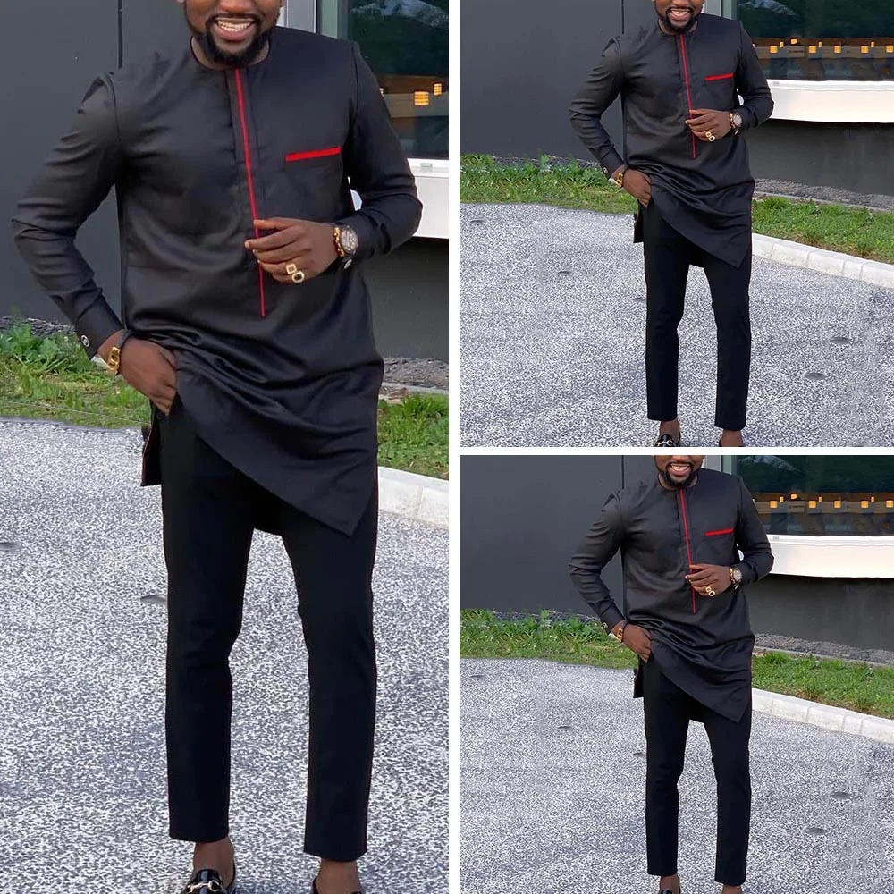 Dashiki Men Suit Black Long Sleeve Shirt Pant Set Men Two Piece Outfit Traditional Ethnic Elegant Suits African Men Clothing