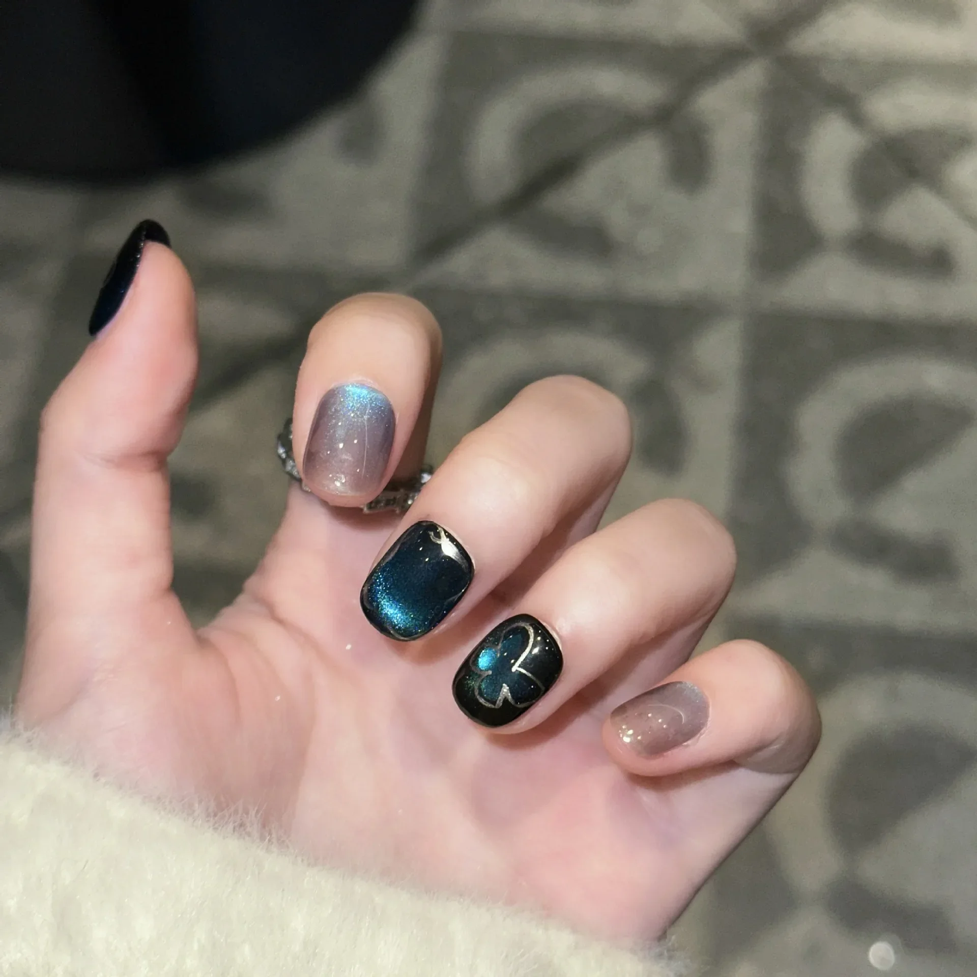 

10Pcs Handmade Short Blue Butterfly Design Dreamy Press on Nails Shiny Cat Eye Nail Wearable Sweet Cool Manicure Nail Tips