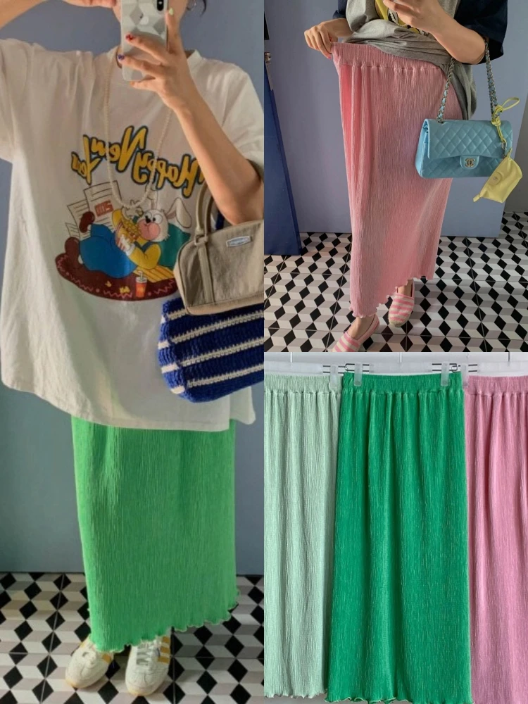 

Candy Colored Pleated Elastic Waist Midi Skirt Women's Fre Versatile Long Skirt Dongda Gate Sle Straight Cut Summer New