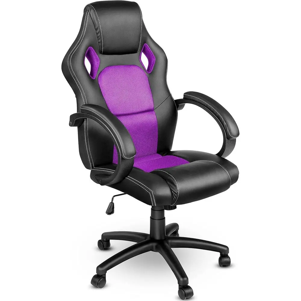 Chaise de jeu ergonomique de style racing avec accoudoirs rembourrés inclinables en 14 couleurs - Noir/Lilas