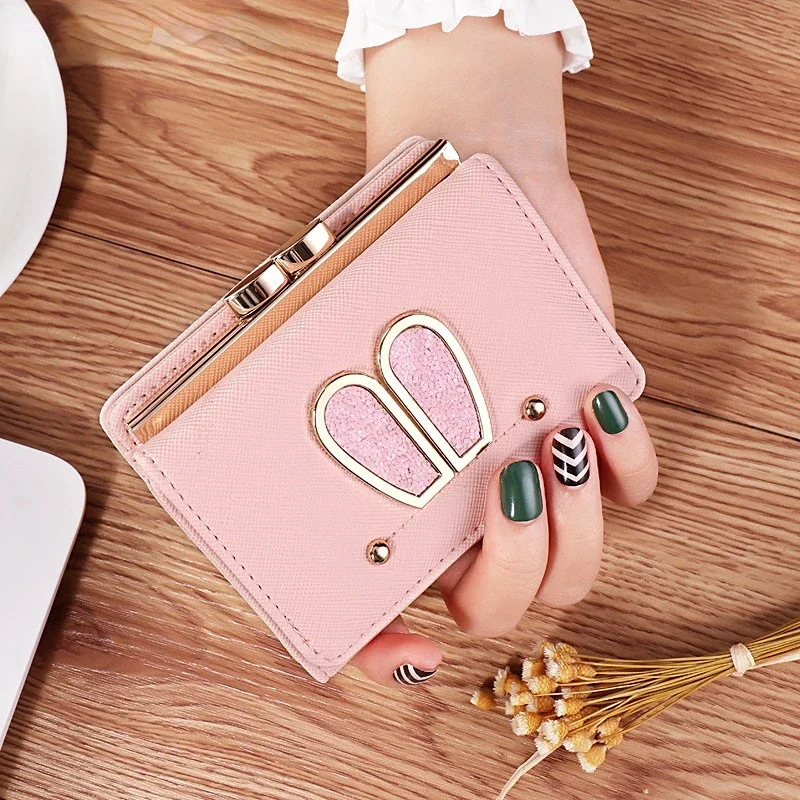 Short Cartoon Women Wallets Three Fold Rabbit Ears Hasp Coin Purses Female Pu Leather Sequins Solid Color Card Holder Clutch Bag