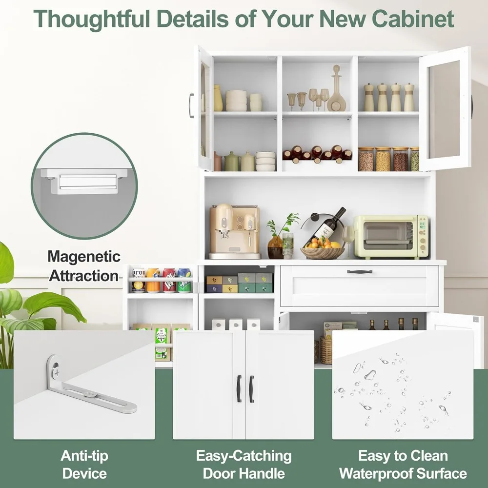 خزانة تخزين مخزن المطبخ، خزانة بوفيه قائمة بذاتها مع حامل ميكروويف و4 أرفف أبواب، خزانة مطبخ مع أبواب، إعلان