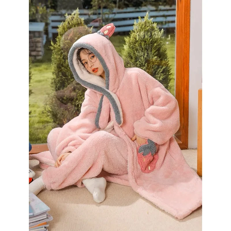 2023 Strawberry Robe for Women Hooded Sleepwear Fleece Night Wears Nightdress Winter Pajama Nightgown Long Sleeve Warm Homewear