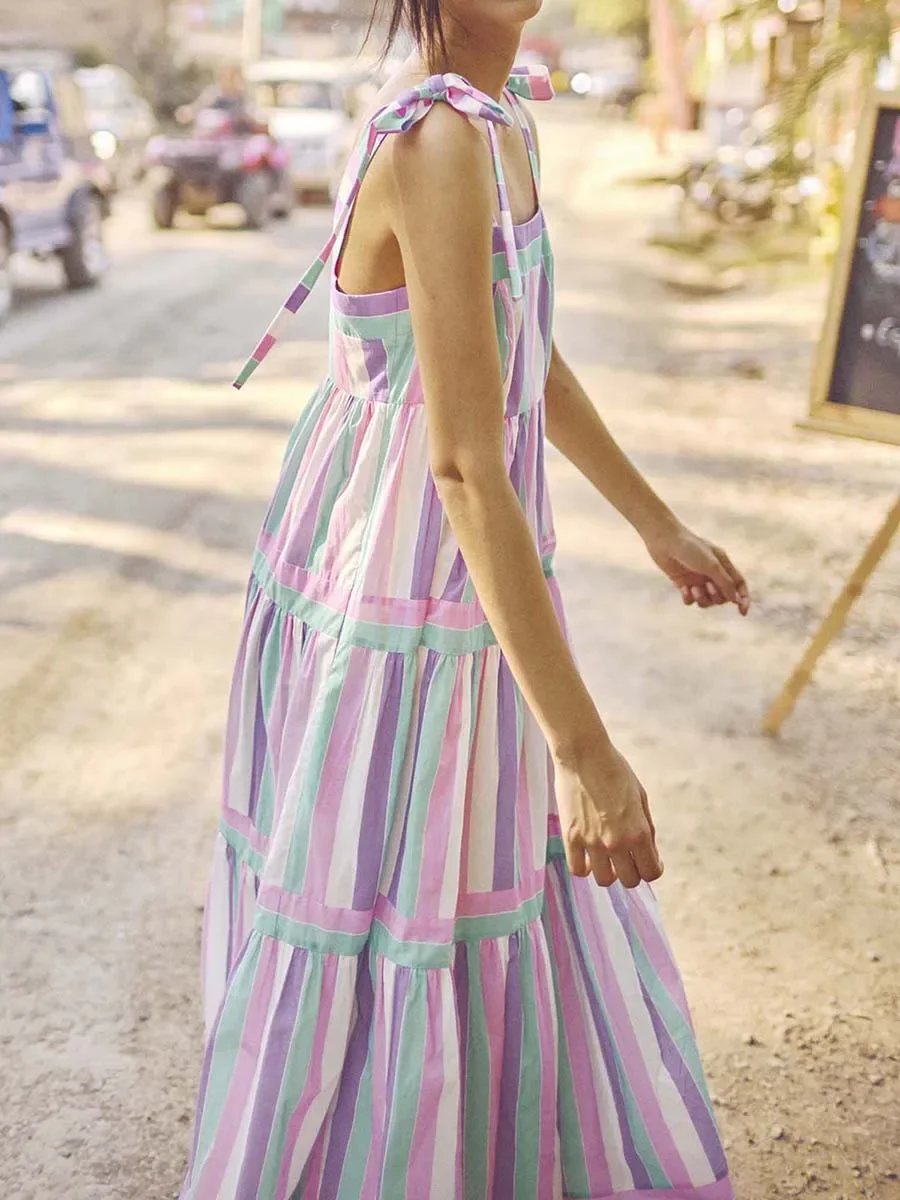 Vestido camisola a rayas para mujer, traje largo informal con tirantes, sin mangas, para verano