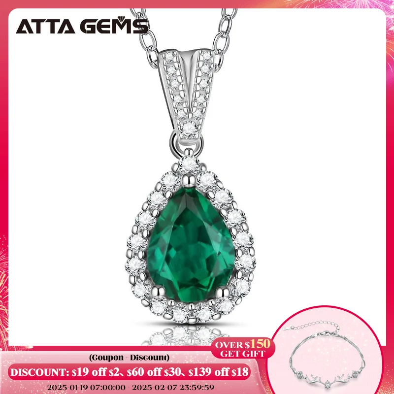 ATTAGEMS 925 Sterling Silver Emerald Created Moissanite Diamonds Gemstone Pear Cut Pendant Necklace Engagement Fine Jewelry