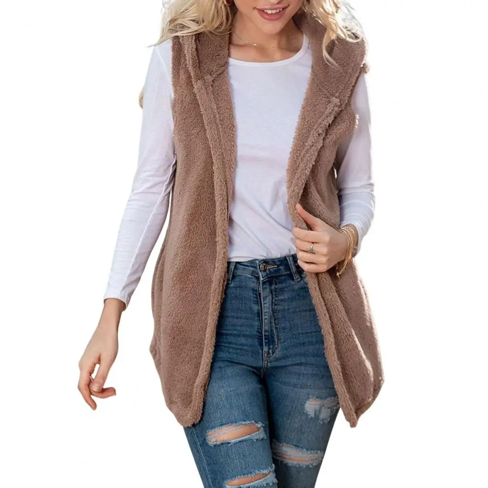 Women's Winter Vest With Hood Mid-length Cardigan Artificial Fur Vest Solid Color Sleeveless Thick Warm Coat