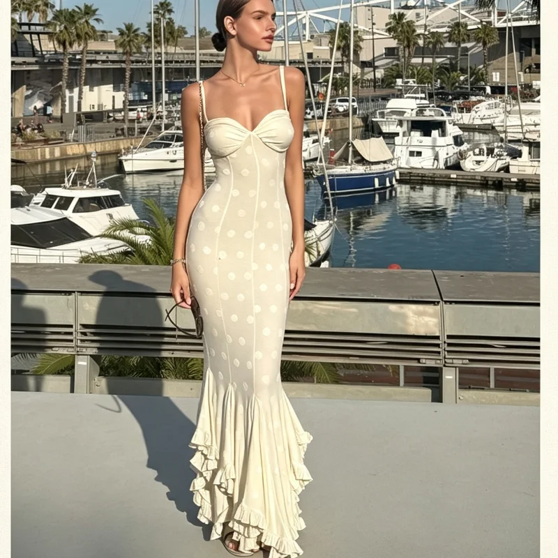 Ivory Polka Dot Maxi Dress Women Spaghetti Straps Sweetheart Bust Open Back Mermaid Flounce Hem Frock Date Wedding Guest Dresses