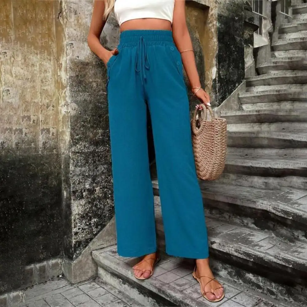 

Elegant Solid Color Pants Women Pants Stylish Women's Drawstring High Waist Pants for Summer Streetwear Casual Wide Leg Trousers