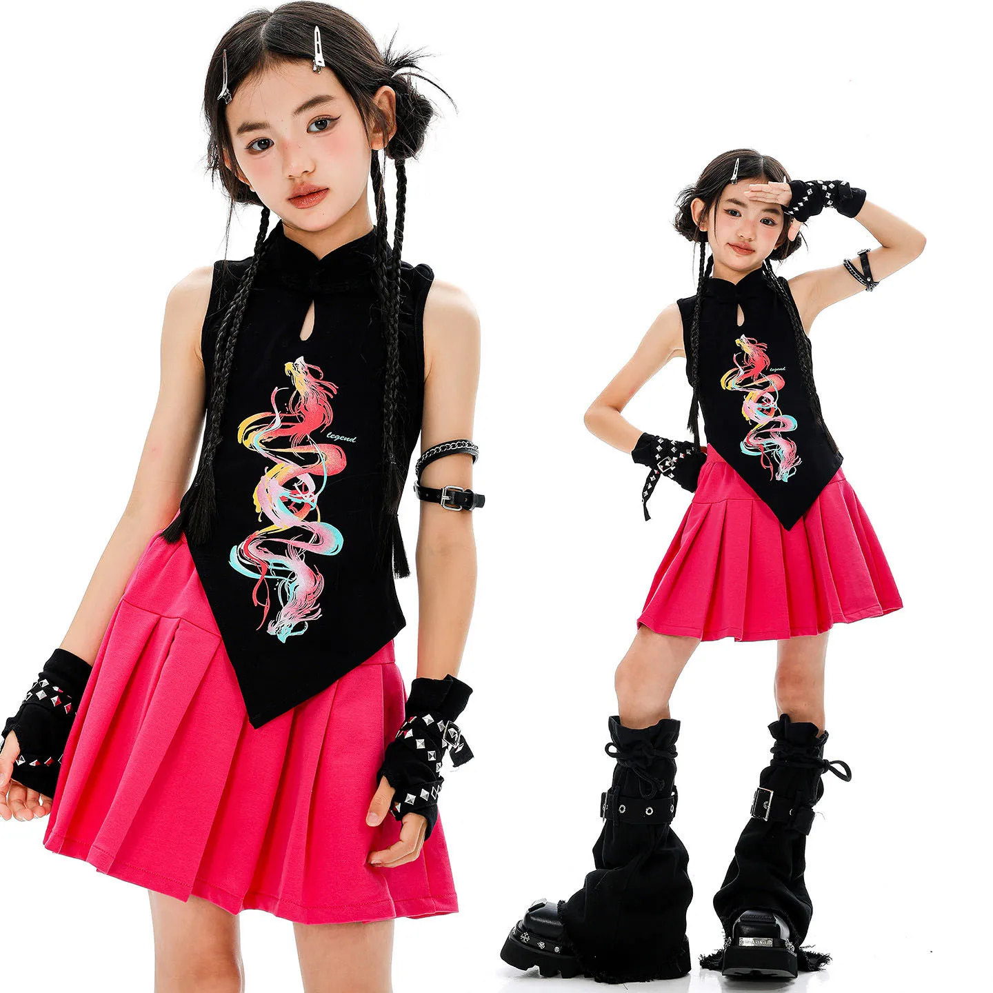 

Kid Kpop Hip Hop Clothing Black Mandarin Neck Dragon Print Tank Top Rose Pleated Mini Skirt for Girls Jazz Dance Costume Clothes
