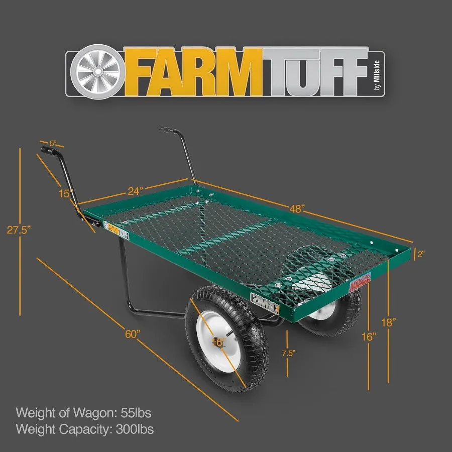 Two-Wheel Pushcart, Green - Heavy-Duty Metal Garden Utility Cart with 48 x 27 Flat Deck, 300lb Capacity, Pneumatic Tires Easy-G