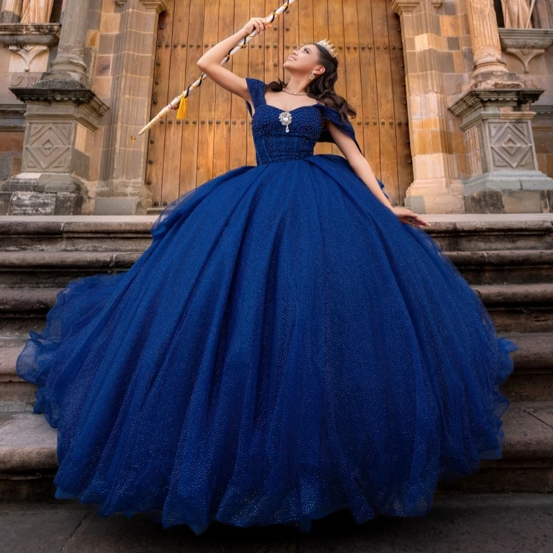 

Royal Blue Shiny Quinceanera Dresses Ball Gown Off The Shoulder Beading Crystal Corset Party Birthday Sweet 16 Dres Vestidos 15