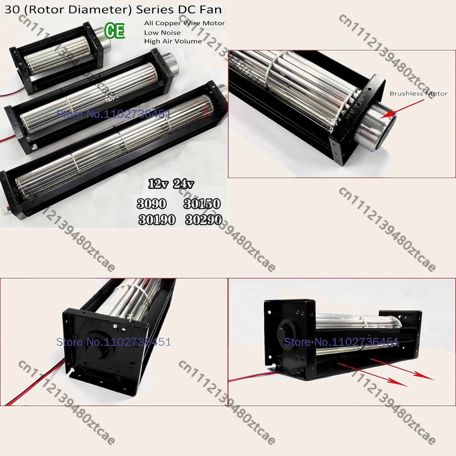 30 Cross Flow Fan, DC12V/24V Small Drum Fan, Air Curtain Strip for Cooling & Ventilation
