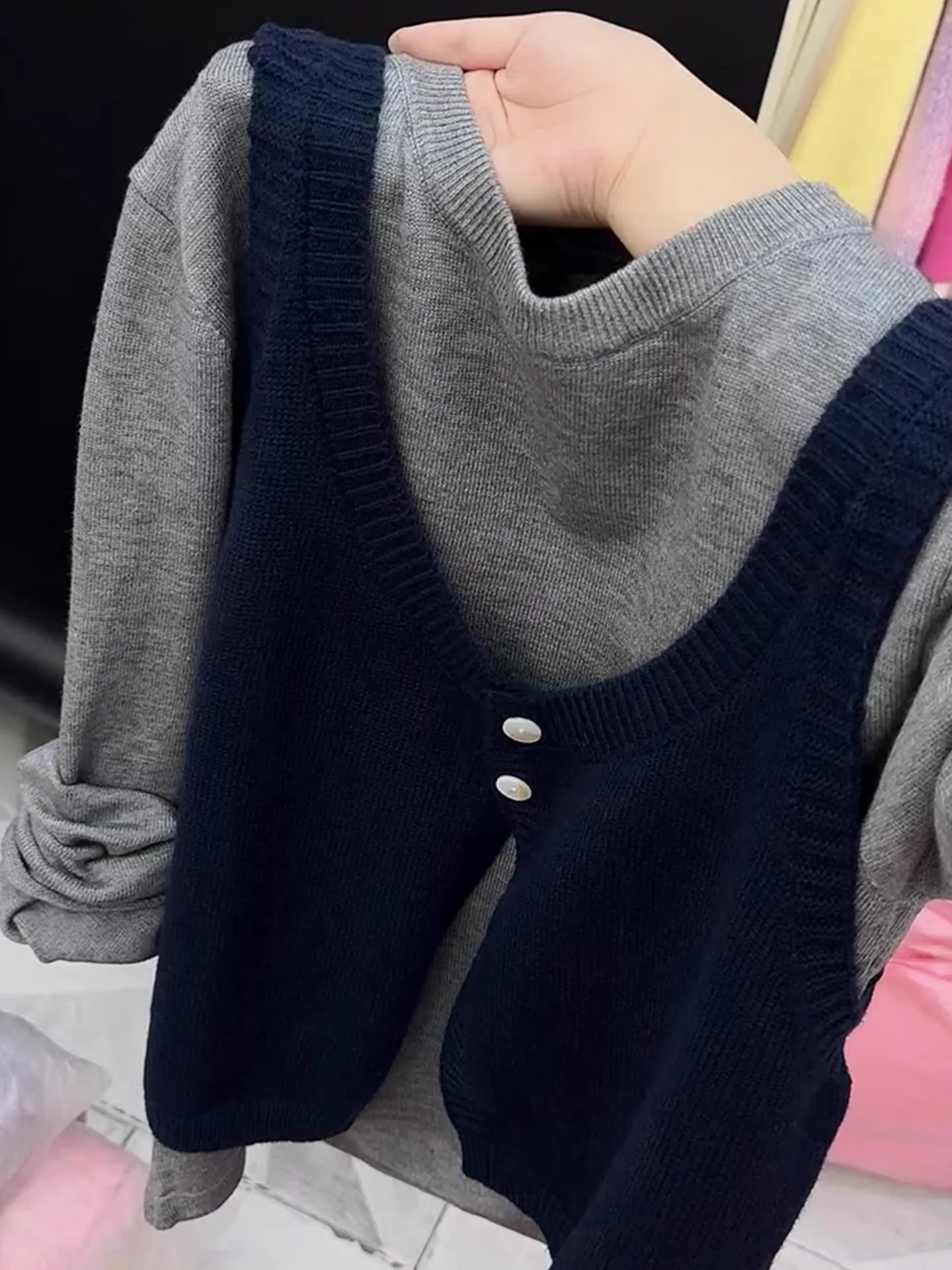 

Korean Sle Knitted Sweater Women's Autumn Ele Versatile Slimming Long Sve Top Fake Two-Piece Sophistied Faion