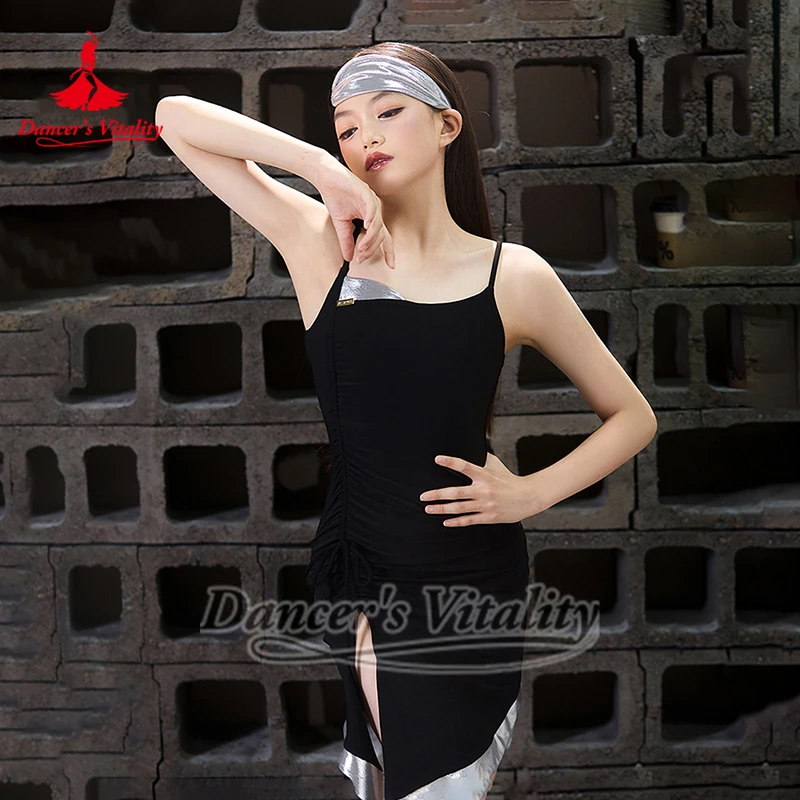 Lateinischer Tanz, hochglänzender Stoff, Trainings-Sling-Kleider für Mädchen, Kinder, Chacha, Samba, Kordelzug-Stil, Kleidung, Tänzerin Vitalität