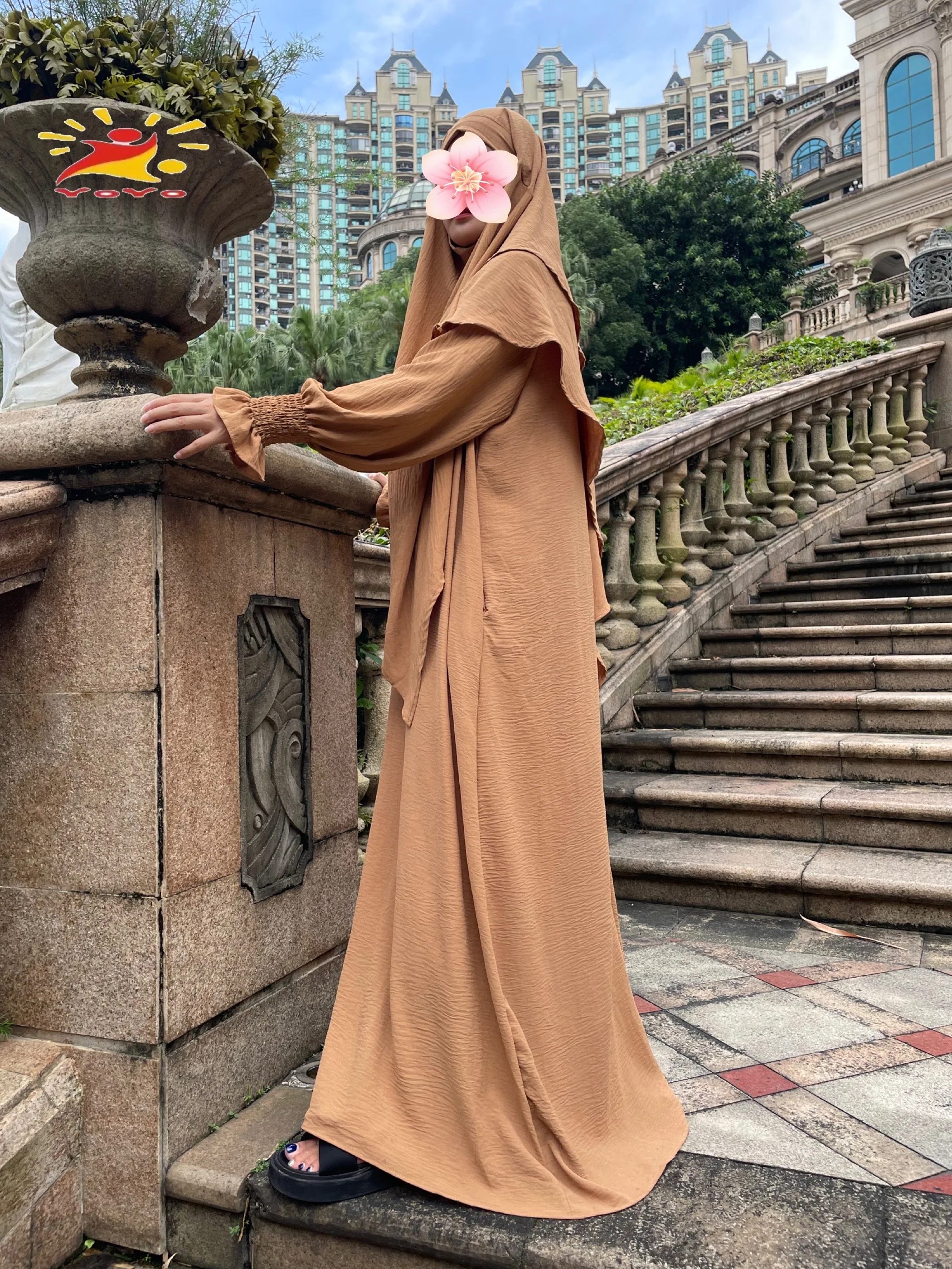 Khimar Abaya Set Crinkled Fabric Smocked Cuff Dress+Two Layer Hijab Scarf Prayer Clothes Islam Jilbabs for Women Ramadan Muslim