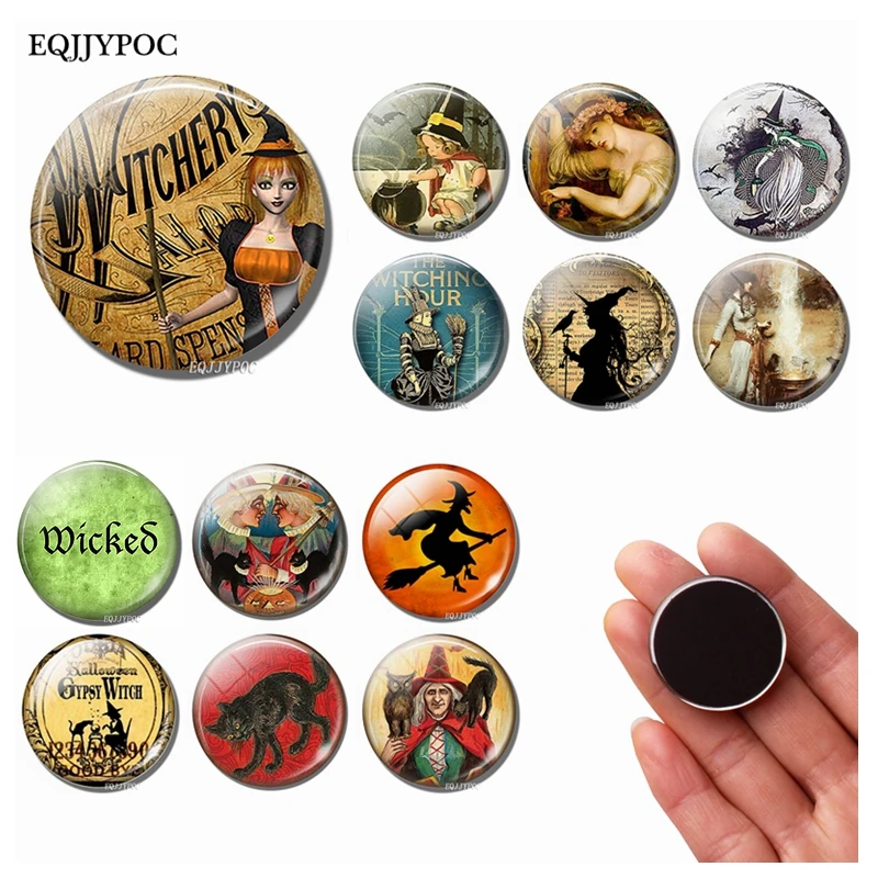 Fairytale Witch 30MM Fridge Magnet Halloween Sorceress Glass Cabochon Magnetic Refrigerator Stickers Note Holder Home Decoration