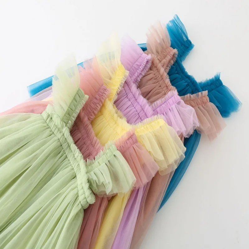 Sommerkleid für Babys, ärmellos, quadratischer Kragen, gelb, lila, rosa, blau, grün, Netzstoff, Prinzessinnenkleid, Kinderkleidung E2200 – Detail 15